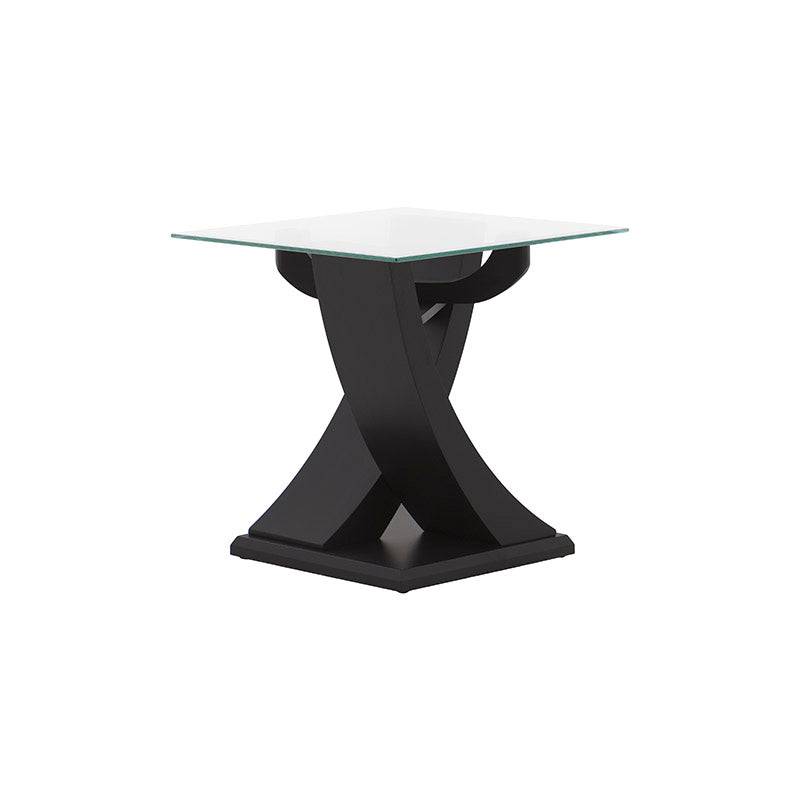 Mesa lateral Burj de madera y cristal, con acabado nogal y diseño moderno, frente de 60 cm, altura de 62 cm y fondo de 60 cm.