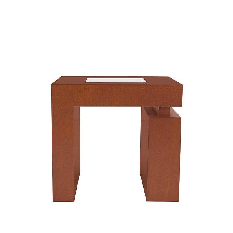 Mesa lateral Tamayo de madera con chapa de caoba y placa de mármol, tamaño 60x60x60 cm, moderna y elegante.