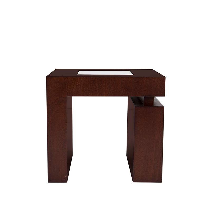 Mesa lateral Tamayo de madera con acabado en tono tabaco, chapa de caoba y placa de mármol, dimensiones 60x60x60 cm.