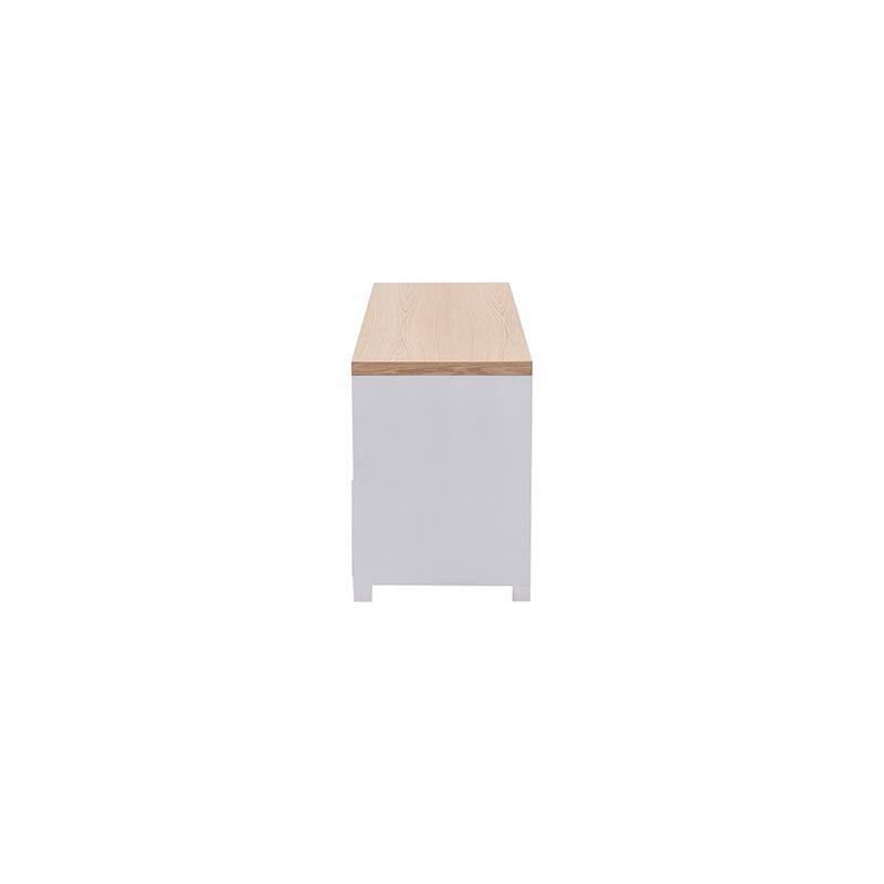 Mueble para TV Eros de chapa de encino y laca blanca, frontal, con dimensiones de 140 cm de ancho, 55 cm de alto y 44 cm de fondo.