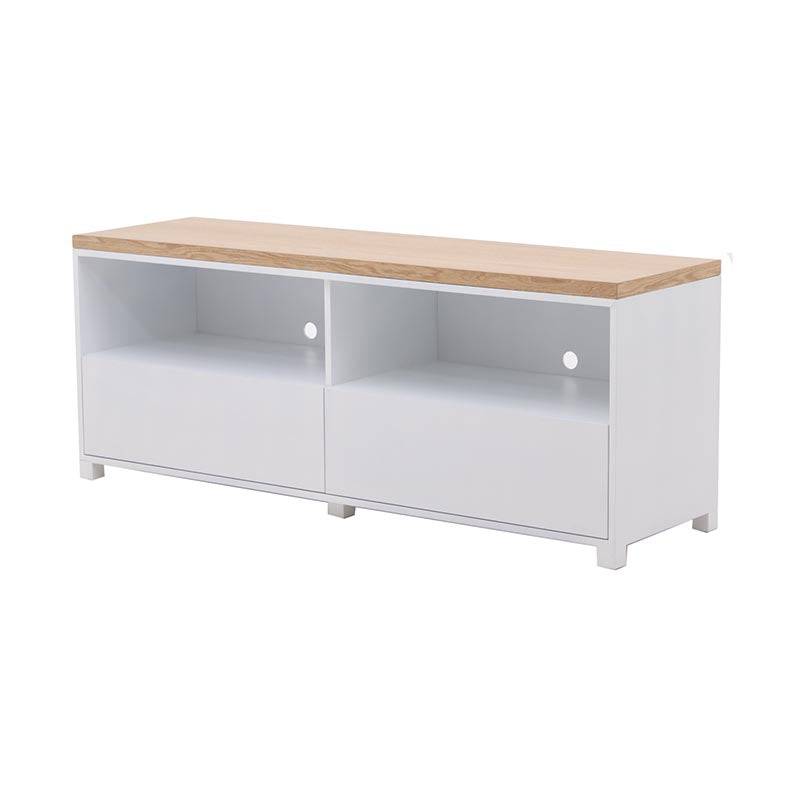 Mueble para TV Eros de color blanco con acabado en chapa de encino y laca, de 140 cm de ancho, 55 cm de alto y 44 cm de fondo.