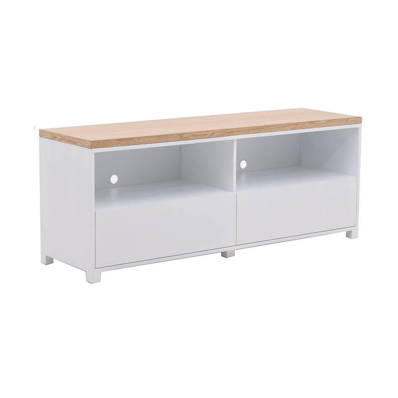 Mueble para TV Eros dechapado en encino y laca blanca, 140 cm de ancho, con espacio para dispositivos y estilo moderno.