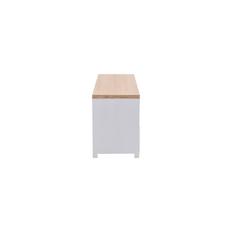 Mueble para TV Eros en acabado enchapado de encino y laca blanca, 140 cm de ancho, 55 cm de alto y 44 cm de fondo.