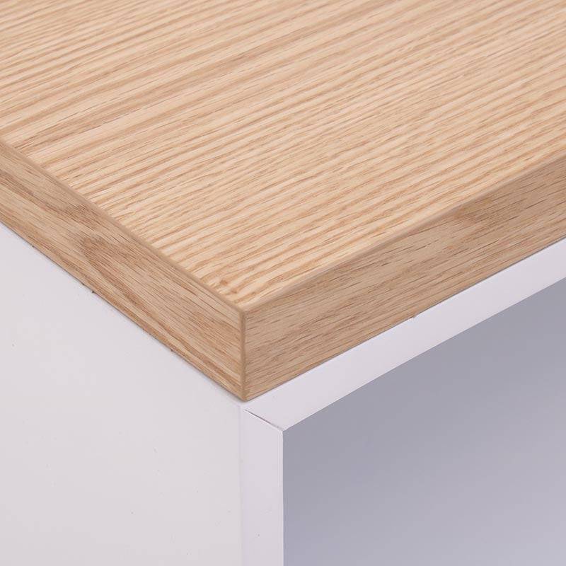 Mueble para TV Eros de madera de encino y laca blanca, con diseño moderno, tamaño 140 cm de ancho, 55 cm de alto y 44 cm de fondo.