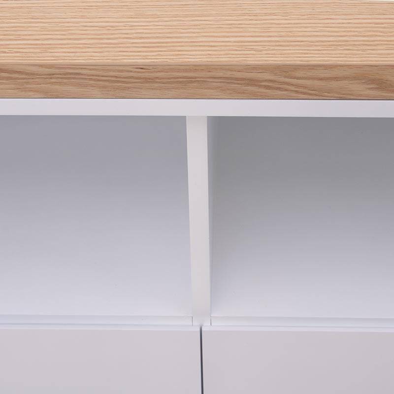 Mueble para TV Eros de estilo moderno en acabado de encino y laca blanca, 140 cm de ancho, 55 cm de alto, 44 cm de fondo.