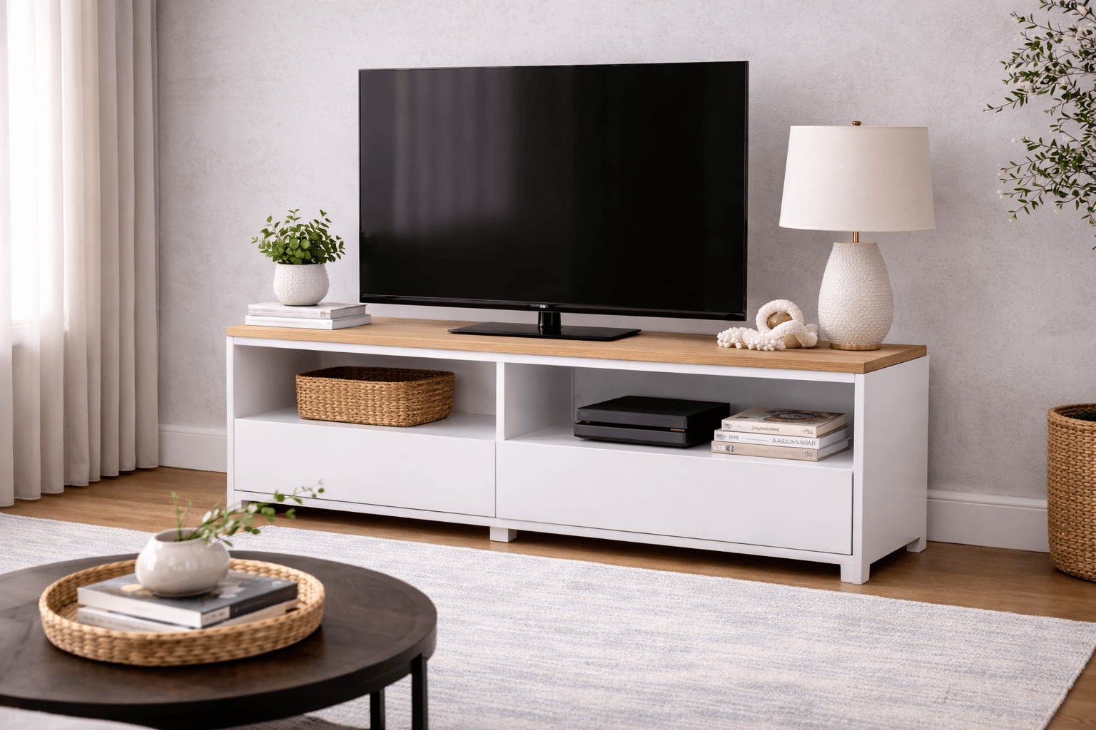 Mueble para TV Eros en acabado blanco con chapa de encino y laca semimate, de 140 cm de ancho, 55 cm de alto y 44 cm de fondo.