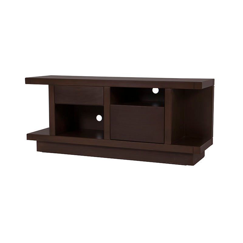 Mueble para TV Lisboa de madera industrializada en color café con espacio para pantalla y almacenamiento, mide 140x60x40 cm