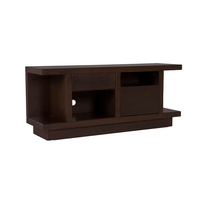 Mueble para TV Lisboa de madera industrializada en color café, con dimensiones de 140x60x40 cm, frente y detalles visibles.