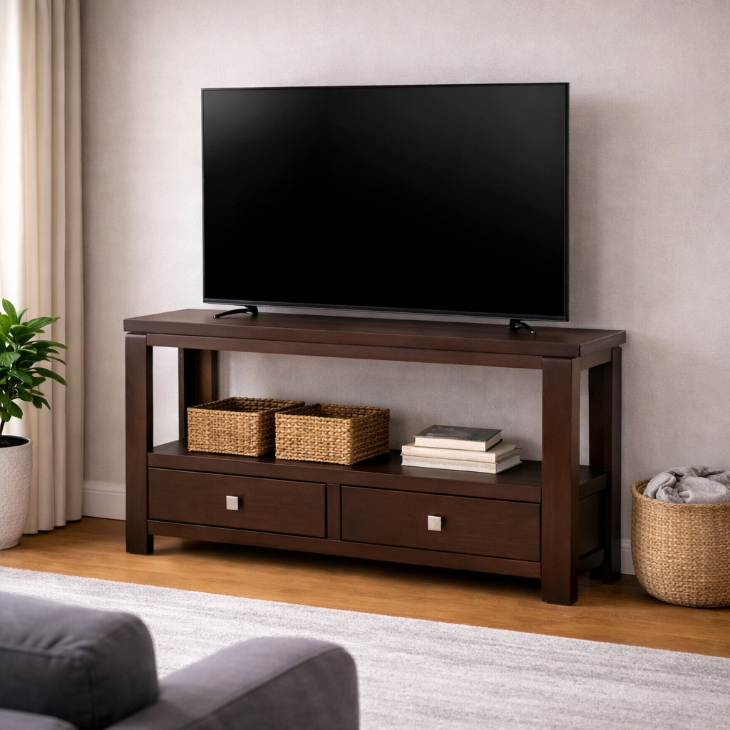 Mueble para TV Bruselas de madera industrializada en color café, con superficie de 140 cm de ancho y espacio para dispositivos electrónicos