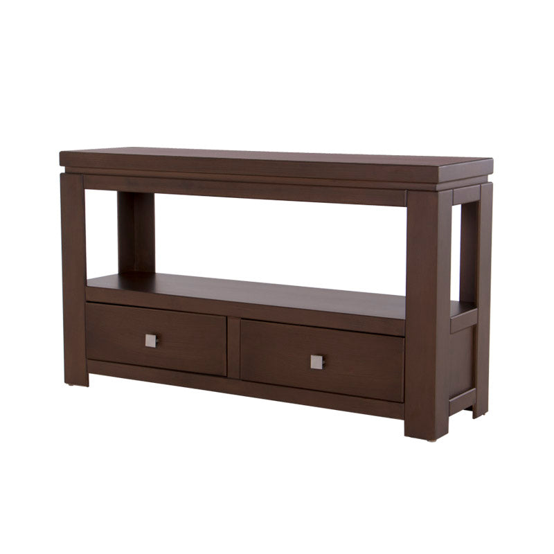 Mueble para TV Bruselas de madera industrializada en color café, con espacio para dispositivos y decoraciones.