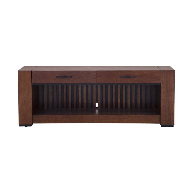 Mueble para TV Bourbon de estilo clásico en madera, con espacio para electrodomésticos y decoración en un ambiente moderno.
