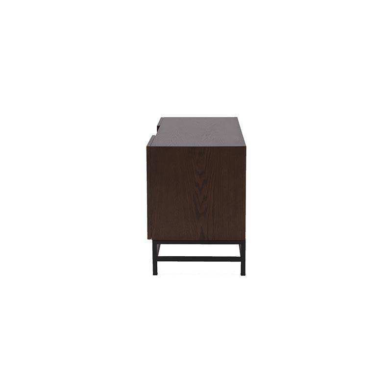Mueble para TV Hermes de encino, frente, 120 cm de ancho, 55 cm de alto y 40 cm de fondo, acabado en chapa de encino.