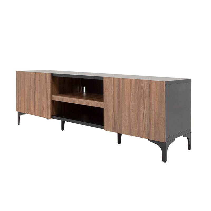 Mueble para TV Lazy de madera industrializada en color nogal, con frente de chapa de melamina, dimensiones 160x54x40 cm.