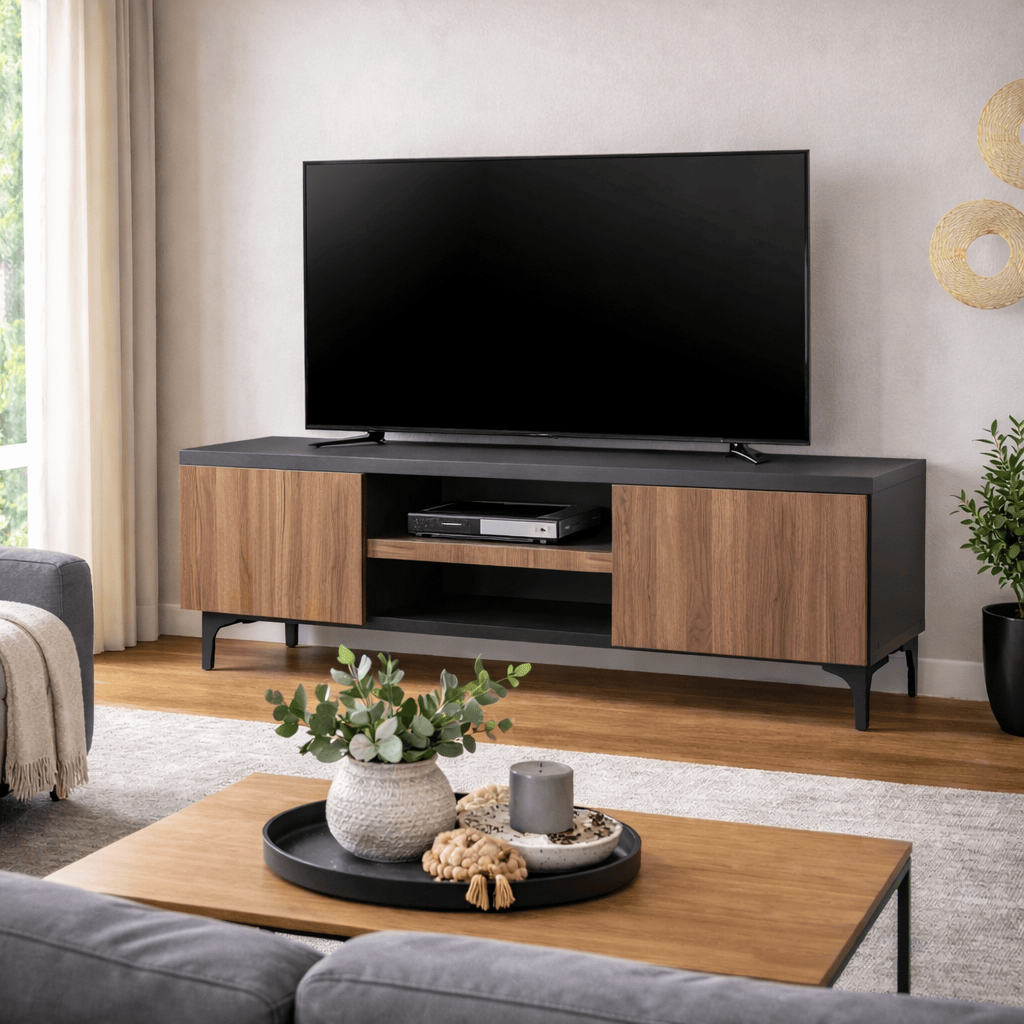 Mueble para TV Lazy de Deurope en acabado negro nogal, con diseño industrial de madera y chapa de melamina, 160 cm de ancho.