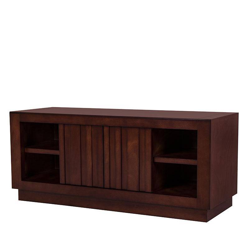 Mueble para TV Quebec de madera de nogal, encino y okumé, con diseño moderno, frente de 140 cm, alto 60 cm y fondo 50 cm.