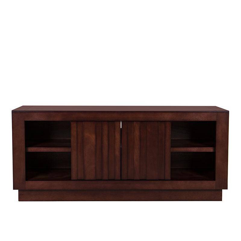 Mueble para TV Quebec de madera de Nogal, Banak, Encino y Okume, frente de 140 cm, alto 60 cm, fondo 50 cm.