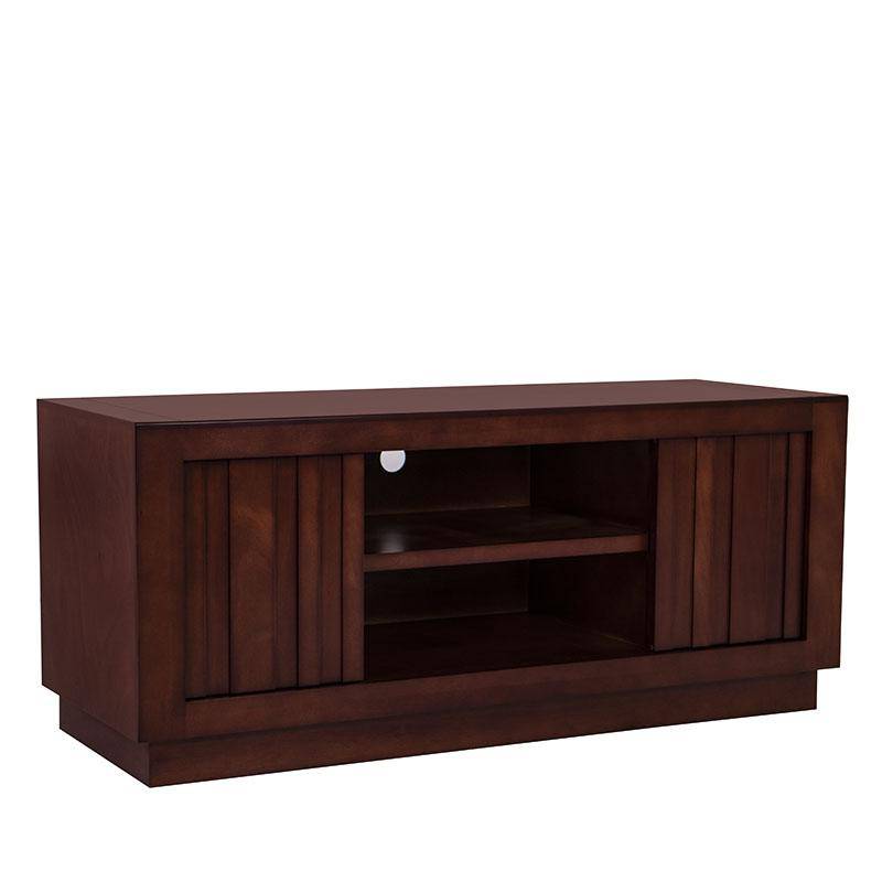 Mueble para TV Quebec de madera de nogal, encino y okumé, con acabado en chapa, frente de 140 cm, alto 60 cm y fondo 50 cm.