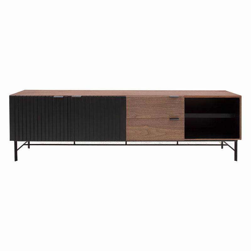 Mueble para TV Jess en madera de nogal negro y pino, con diseño industrial, 200 cm de largo, para sala moderna.