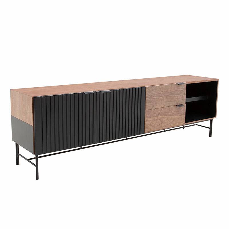 Mueble para TV Jess en madera de nogal negro con acabado en chapa de nogal, de 200 cm de ancho, 60 cm de alto y 40 cm de fondo.