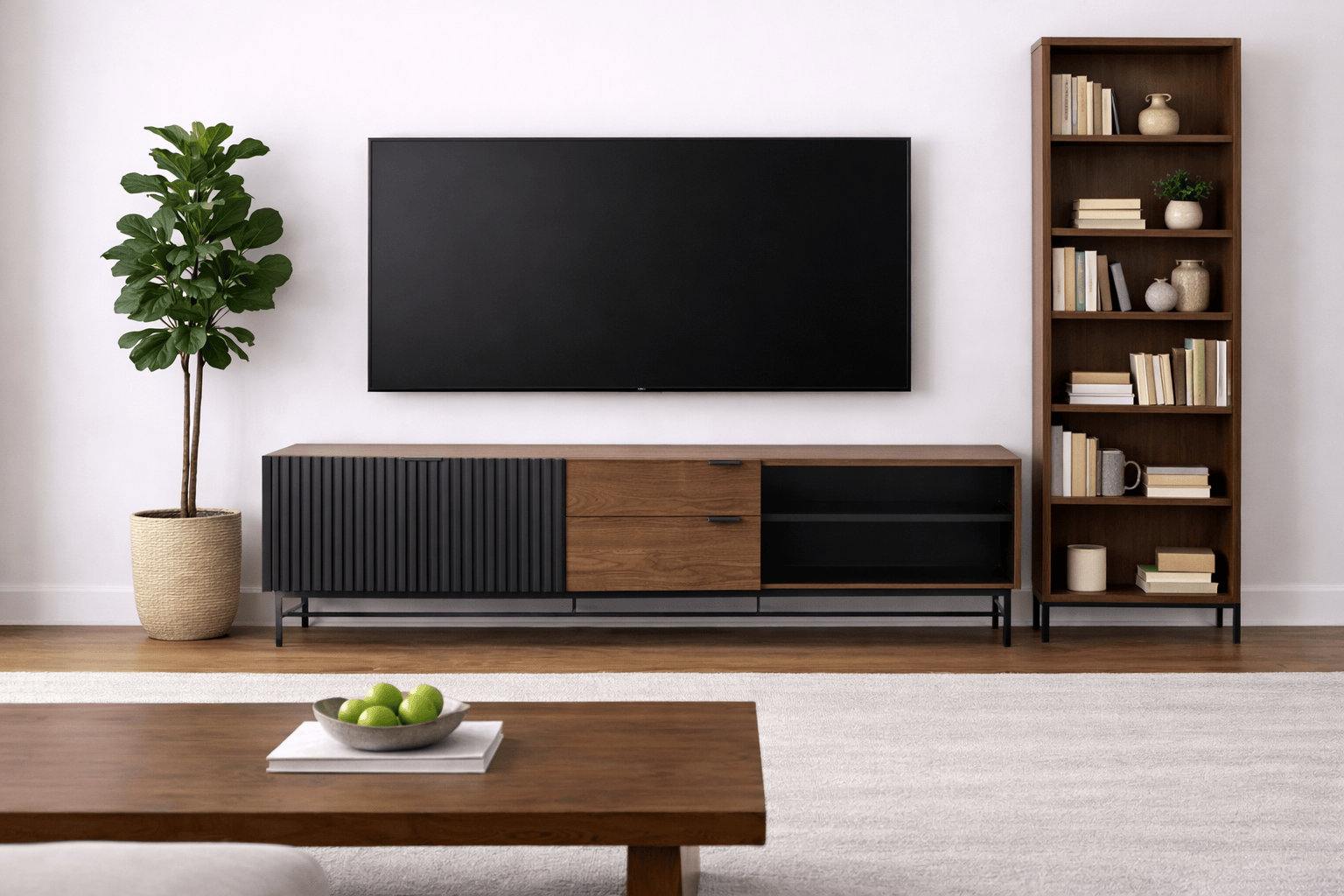 Mueble para TV Jess de Deurope en madera de nogal negro, con diseño industrial y dimensiones de 200x60x40 cm.