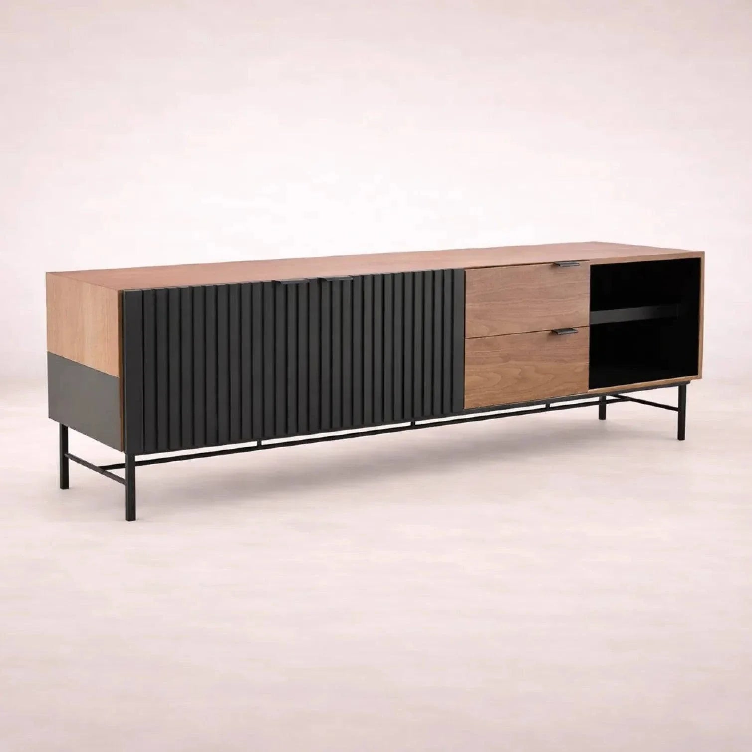 Mueble para TV Jess de madera de nogal negro y pino, de 200 cm de ancho, 60 cm de alto y 40 cm de fondo, estilo industrial.