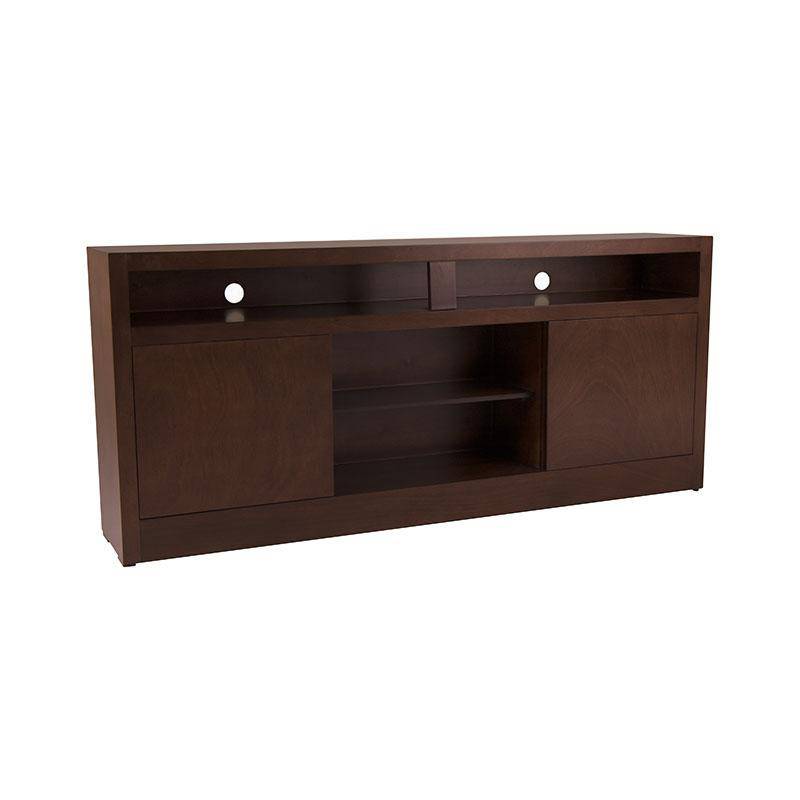 Mueble para TV Tamayo de madera en acabado tabaco con chapa de caoba, frente de 160 cm, alto 70 cm y fondo 30 cm.