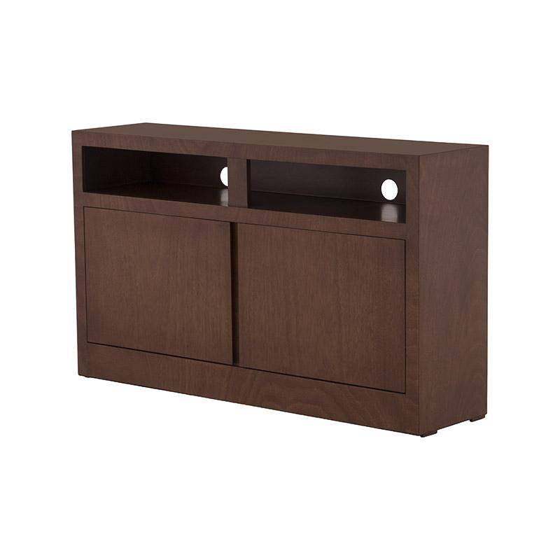 Mueble para TV Tamayo en acabado tabaco de caoba, con espacio para dispositivos y almacenamiento, de madera sólida.