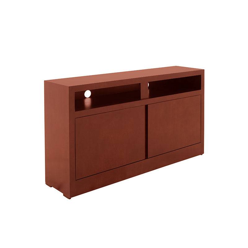 Mueble para TV Tamayo de madera de caoba en acabado wengue, con frente de 120 cm, altura de 70 cm y fondo de 30 cm.