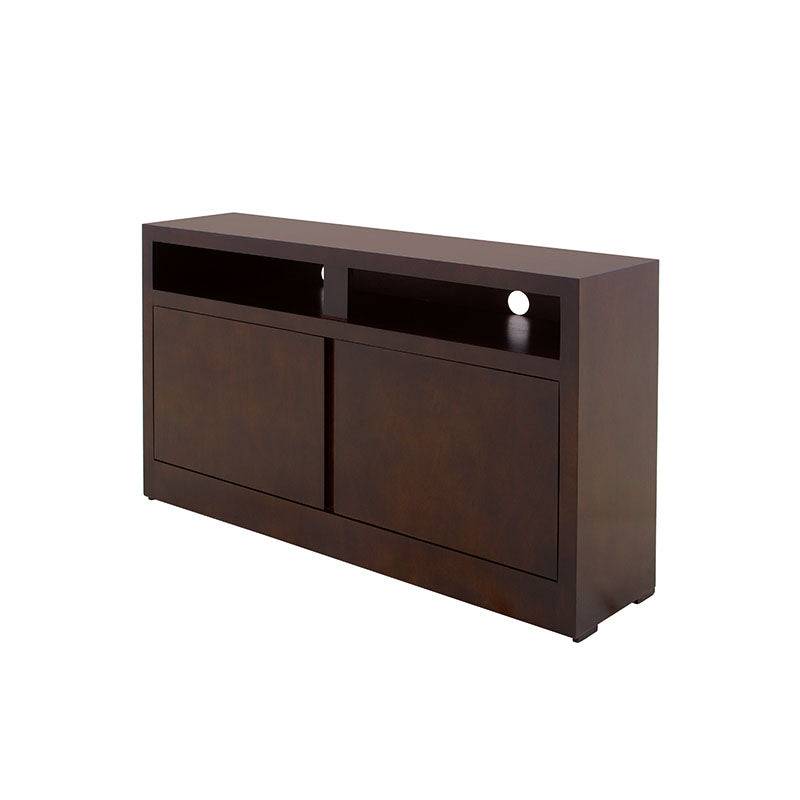 Mueble para TV Tamayo en acabado wengue con chapa de caoba, frente de 120 cm, alto 70 cm y fondo 30 cm, deoupe.com.mx