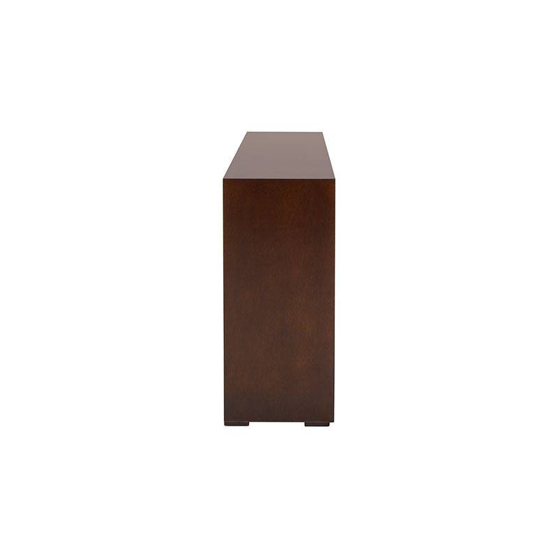 Mueble para TV Tamayo de madera en acabado wengué con chapa de caoba, frente de 120 cm, alto 70 cm, fondo 30 cm.