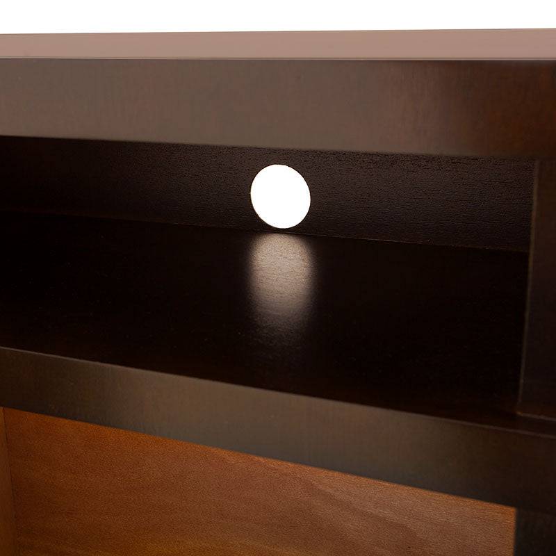 Mueble para TV Tamayo de color wengué, chapa de caoba, con dimensiones de 120 cm de ancho, 70 cm de alto y 30 cm de fondo.