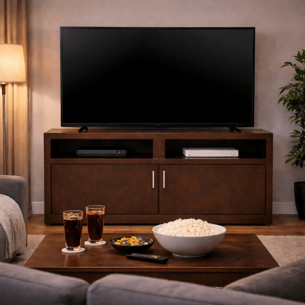 Mueble para TV Tamayo de madera wengue, con puertas de chapa de caoba, frente de 120 cm, alto 70 cm y fondo 30 cm.