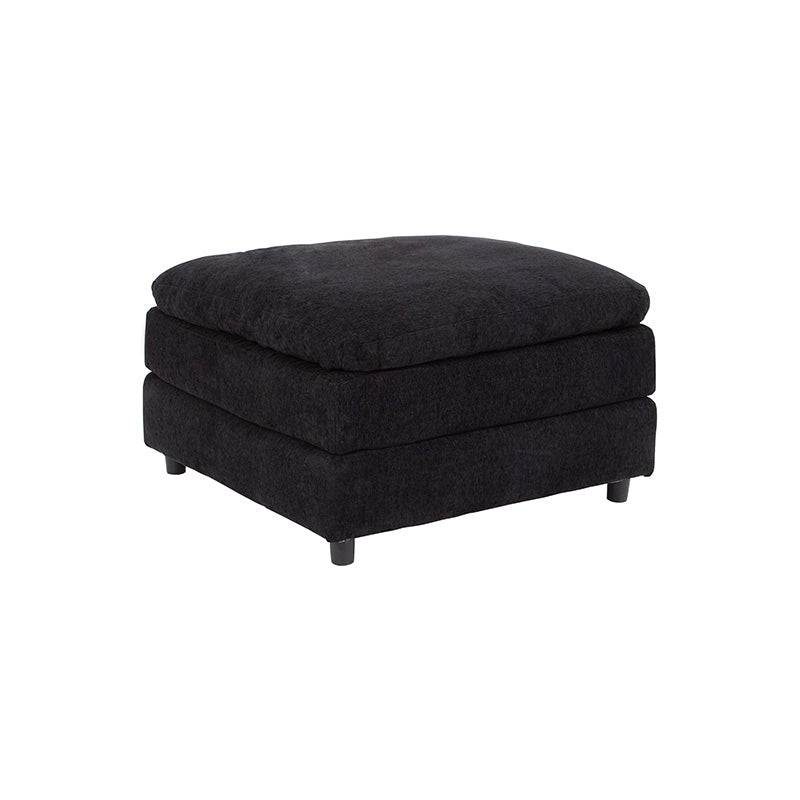 Juego de sala Lazy de 6 piezas, sofá y otoman negro de tela con diseño moderno, vista frontal de los muebles.