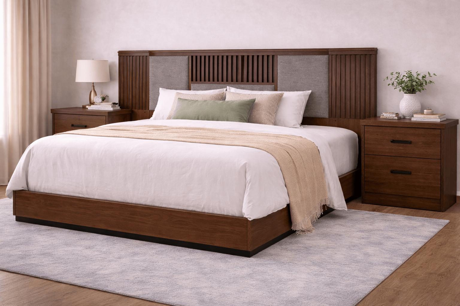 Juego de recámara Bourbon de pino con base de cama y muebles en color café, deurope.com.mx, elegante y resistente para el dormitorio