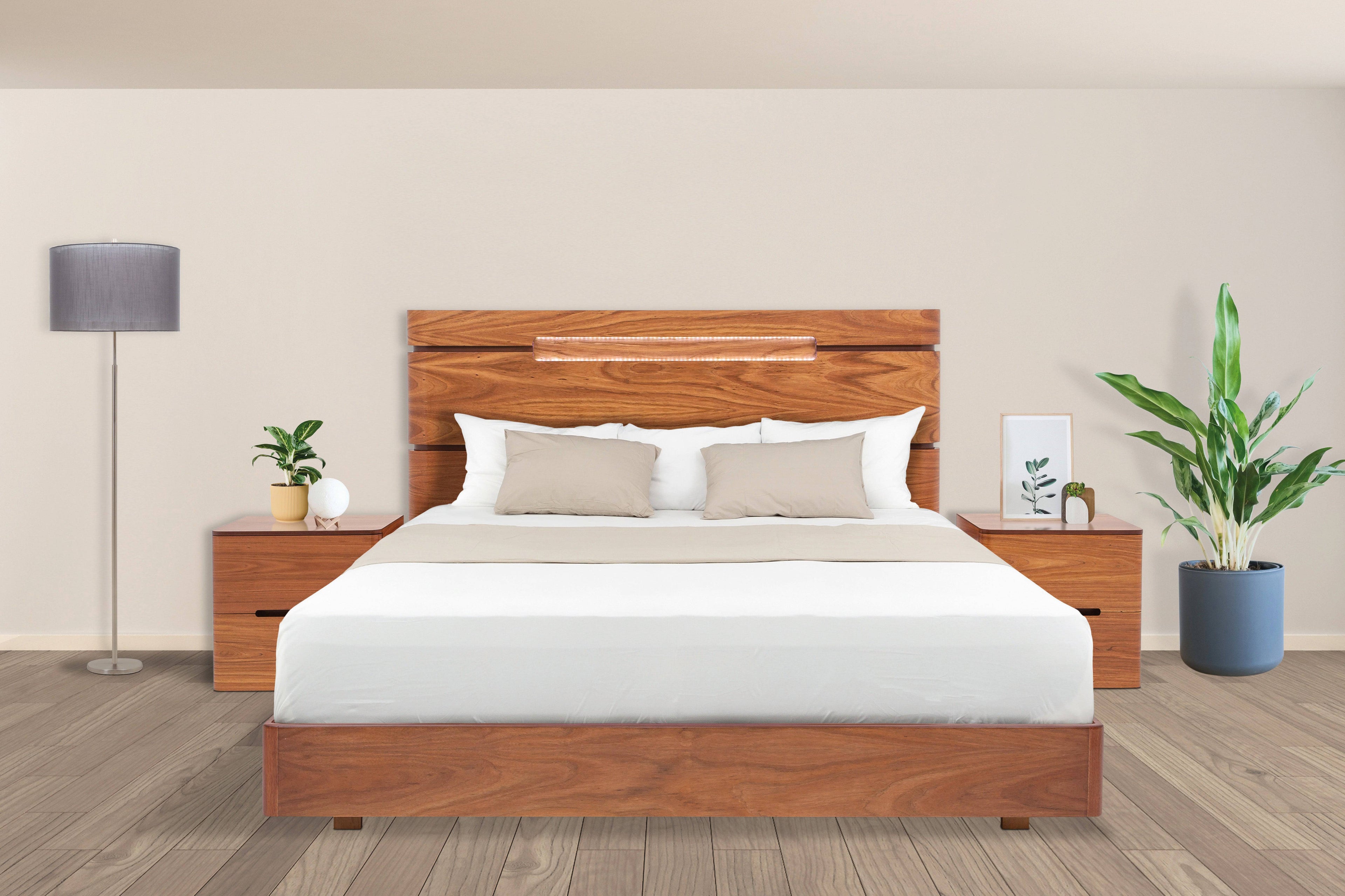 Juego de recámara Arezzo de Deurope.com.mx con cama, cabecera y ropa de cama en diseño moderno y elegante.