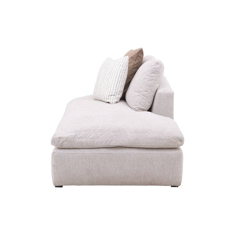 Módulo de sala Nube deurope.com.mx, sillón central con banca en tela beige, estructura de madera de pino, frente, vista frontal.