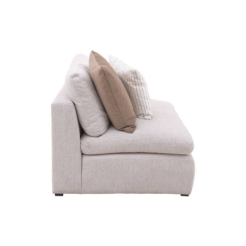 Sala Nube deurope.com.mx, módulo de sala beige con sillón central y banca, tela suave, estructura de madera de pino, frente.