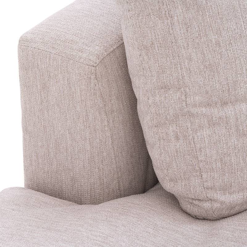 Módulo de sala Nube de Deurope con sillón central y banca en tela beige, estructura de madera de pino, frente y vista lateral.
