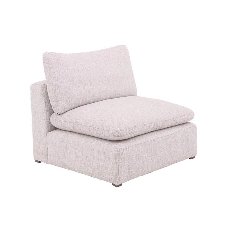 Sillón central de la sala Nube de deurope.com.mx en tela tejida beige con textura suave y estructura de madera de pino.
