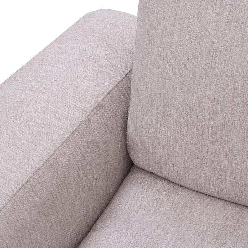 Sillón lateral de sala Nube deurope.com.mx en tela beige con textura suave, brazo derecho, estructura de madera de pino, vista frontal.