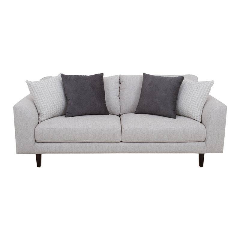 Juego de sala Sally deupertecom.mx en tela beige con textura, incluye sofá y sillones, medidas aproximadas 209x82x88 cm.