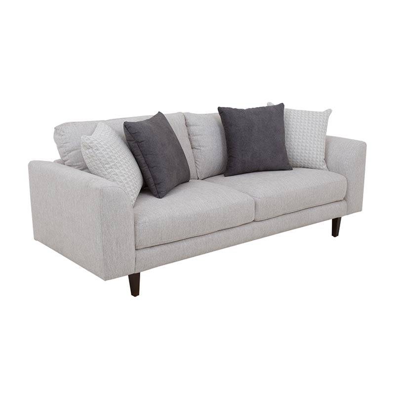 Juego de sala Sally de Deurope en tejido plano beige, con textura, sillón y sofá de 209 cm de ancho y 82 cm de alto.