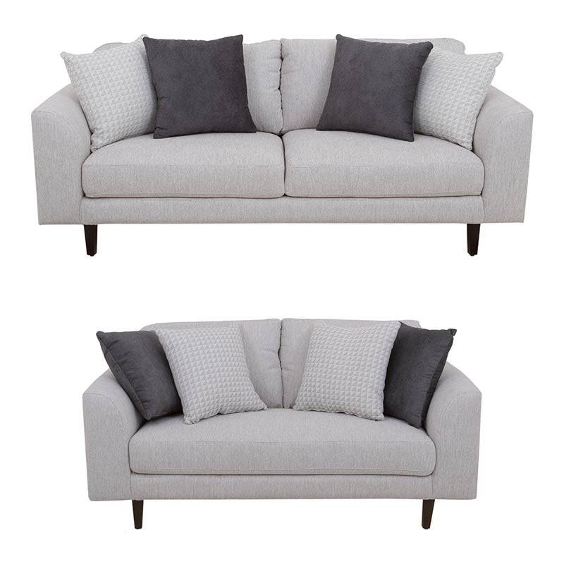 Juego de sala Sally deurope.com.mx en color beige con tejido plano, vistas desde el frente, medidas de 209 cm alto, 82 cm fondo.