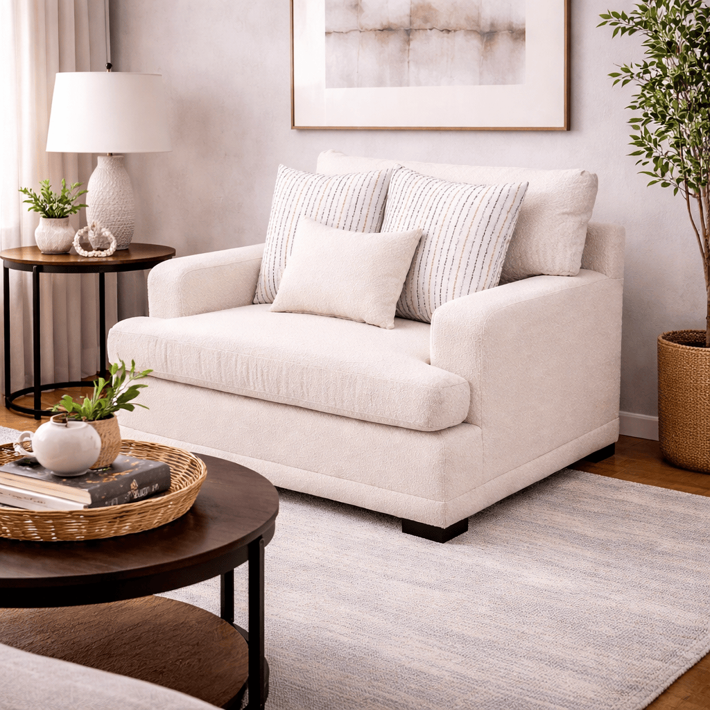 Sillón Oliver de cuero blanco con textura afelpada, respaldo y asiento acolchados, en un espacio moderno.