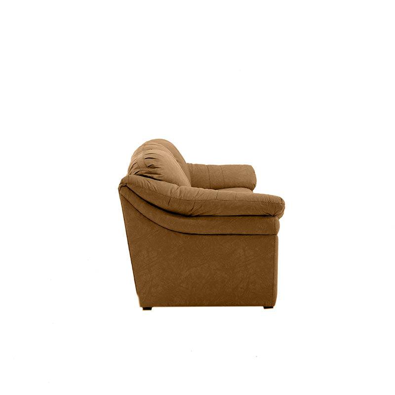 Juego de sala Marsella de cuero en tonos café latte, incluye sofá, loveseat y sillón con detalles en piel y estructura moderna.