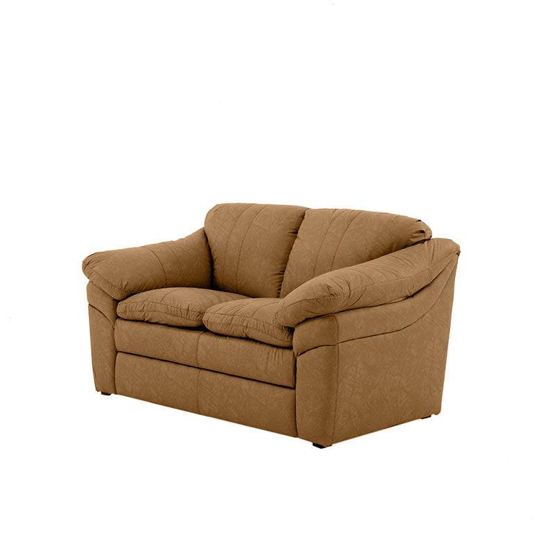 Juego de sala Marsella en cuero con sofá, loveseat y sillón en color café latte, con detalles de acabado elegante.