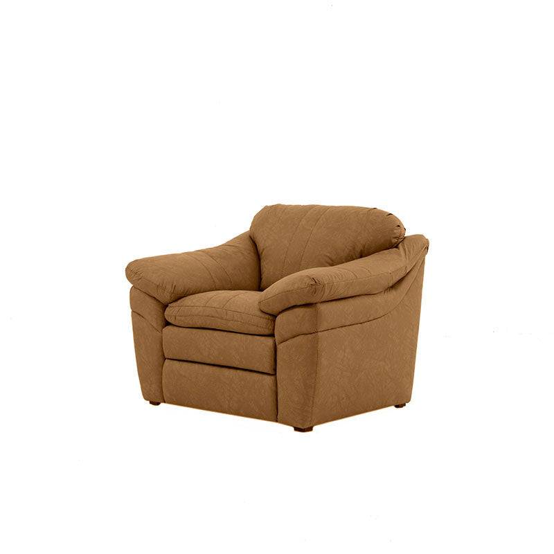 Juego de sala Marsella de cuero en tonos café latte con sofá, loveseat y sillón, con detalles de tapizado en cuero.
