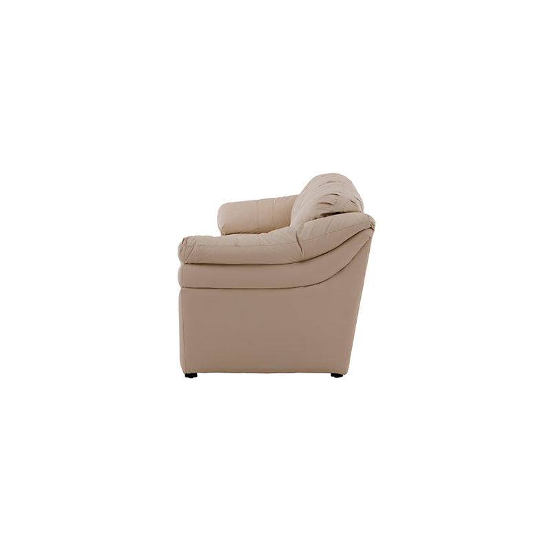 Juego de sala Marsella en cuero con sofá, love seat y sillón en color café latte, con detalles elegantes y tamaño compacto.