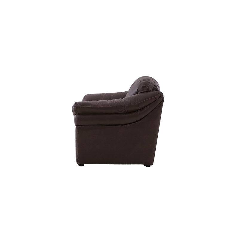 Juego de sala Marsella de cuero con sofá, love seat y sillón en color café latte, con detalles en cuero y dimensiones detalladas.