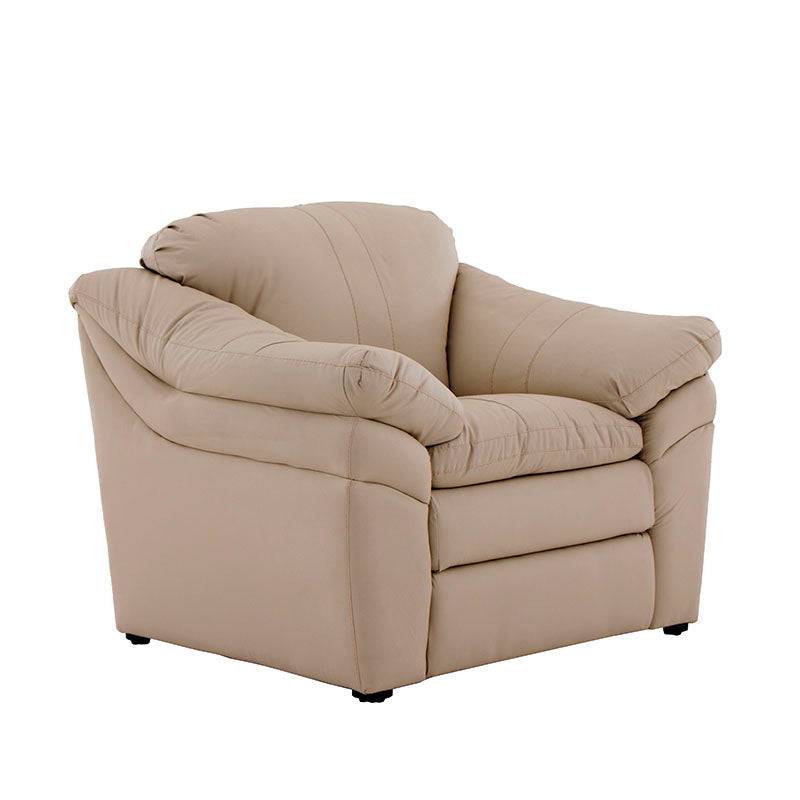 Juego de sala Marsella en cuero con sillón, loveseat y sofá en tono café latte, con detalles de tapizado y dimensiones visibles.